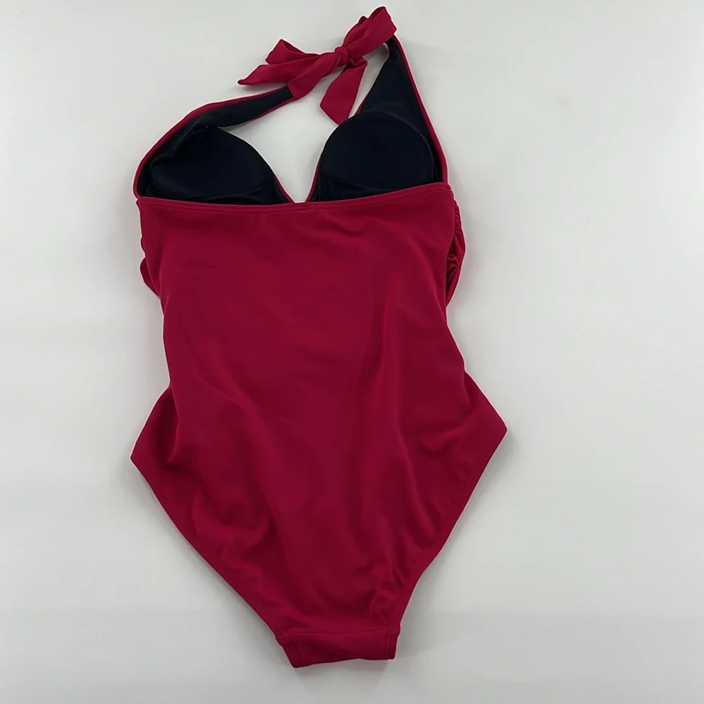 Boden Fuchsia Halter‎ Swimsuit ruching, body-sculpting lightly padded onepiece